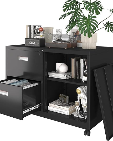 Metal File Cabinet Printer Stand with 2 lockable full extension drawers and 1 lockable door, adjustable shelf, for Home office and Study room Organizer Letters/Legal/A4,BLACK - LeafyLoom