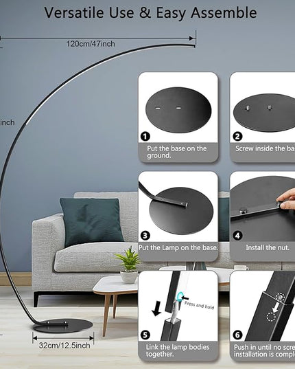 NUÜR Arc Floor Lamp, 67" Tall Black Gold LED Modern Standing Floor Lamp with Remote Control, Arched Bright Floor Lamps for Living Room Bedroom Office Home (Black) - LeafyLoom