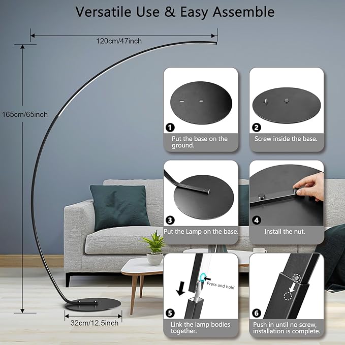 NUÜR Arc Floor Lamp, 67" Tall Black Gold LED Modern Standing Floor Lamp with Remote Control, Arched Bright Floor Lamps for Living Room Bedroom Office Home (Black) - LeafyLoom
