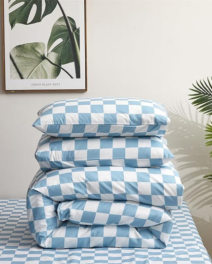 Blue White Grid Comforter Set Cal King Blue Plaid Bedding Set Women Blue and White Checkered Bed Comforter Set Breathable Blanket Set Men Durable Bedding Comforter Set - LeafyLoom