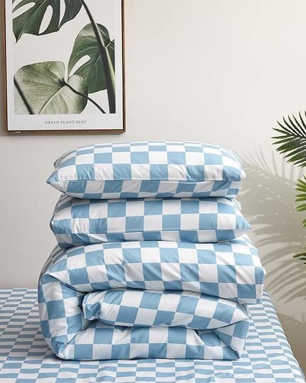 Blue White Grid Comforter Set Full Blue Plaid Bedding Set Girls Blue and White Checkered Bed Comforter Set Breathable Blanket Set Kids Durable Bedding Comforter Set - LeafyLoom