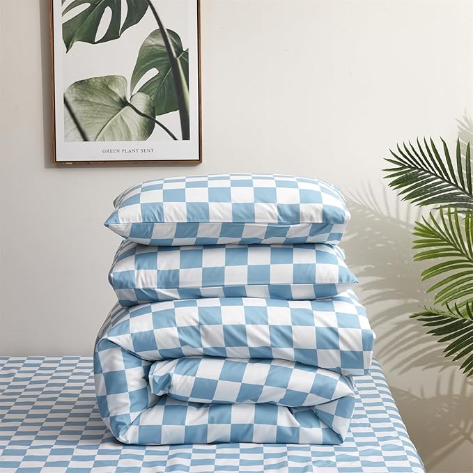 Blue White Grid Comforter Set Queen Blue Plaid Bedding Set Women Blue and White Checkered Bed Comforter Set Breathable Blanket Set Men Durable Bedding Comforter Set - LeafyLoom