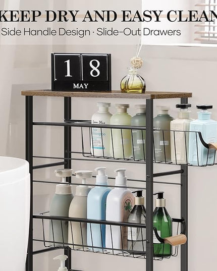 Slim Rolling Storage Cart,4-Tier Rolling Kitchen Cart,Narrow Utility Cart with Pull-Out Basket and Wooden Top,for Ktichen,Bathroom,Laundry Room,Small Space,Rustic Brown - LeafyLoom