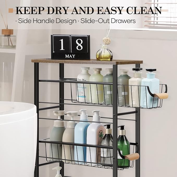 Slim Rolling Storage Cart,4-Tier Rolling Kitchen Cart,Narrow Utility Cart with Pull-Out Basket and Wooden Top,for Ktichen,Bathroom,Laundry Room,Small Space,Rustic Brown - LeafyLoom