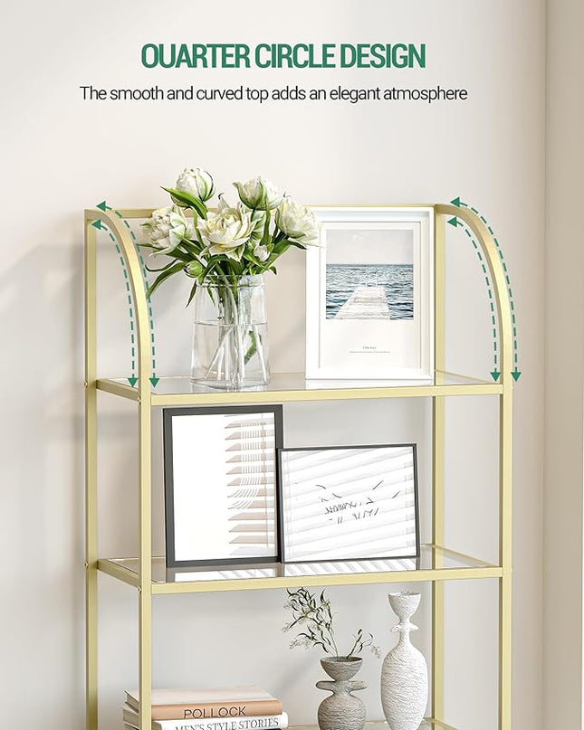 Bookcase Bookshelf, Tempered Glass Arched Bookshelf for More Storage, Slim Shelving Unit for Bedroom, Bathroom, Home Office, Steel Frame, Wide 5 Tier Gold BC22599G - LeafyLoom