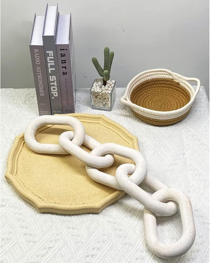 Wood Chain Link Decor | Hand Boho Carved Decor for Table, Shelf Decor Accents Rustic Farmhouse Aesthetic 5 Link Chain Knot Decor Home Living Room, Bedroom, Entryway Coffee Table Decor (White) - LeafyLoom