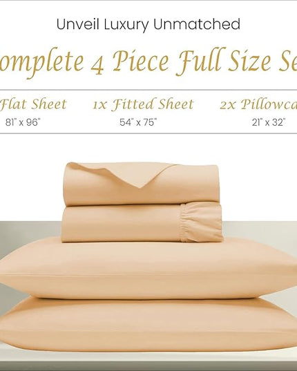 Bluemoon Homes 1000 Thread Count Sheets - 100% Egyptian Cotton Sateen Bed Sheets Deep Pocket, Fits Mattress upto 18", 4 Pc Smooth Full Bedsheet Set, Cool Crisp and Durable Bed Linen (Full, Sand) - LeafyLoom