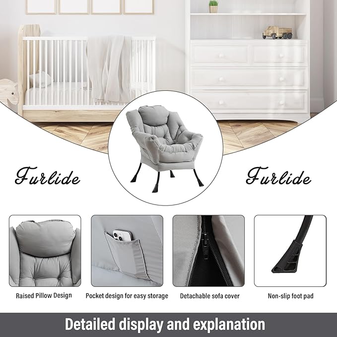 Lazy Chair with Ottoman, Modern Chair with Folding Footrest, Lounge Accent Chair, Comfortable Reading Chair (Peach Light Grey) - LeafyLoom