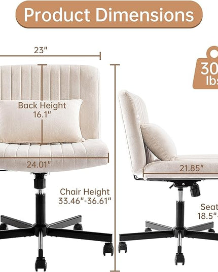 Criss Cross Armless Home Office Chair with Replaceable Wheels/Fixed Base and Lumbar Support for Living Room, Wide Seat Adjustable Legged Swivel Chair, Comfy Linen Computer Chair for Vanity, Beige - LeafyLoom