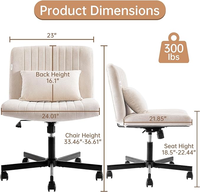 Criss Cross Armless Home Office Chair with Replaceable Wheels/Fixed Base and Lumbar Support for Living Room, Wide Seat Adjustable Legged Swivel Chair, Comfy Linen Computer Chair for Vanity, Beige - LeafyLoom