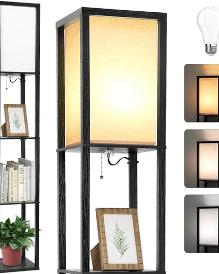 Shelf Floor Lamp, Shelves Floor Lamp for Living Room Bedroom, 4-Tier Modern Shelf Floor Lamp with 3CCT LED Blub(Black) - LeafyLoom