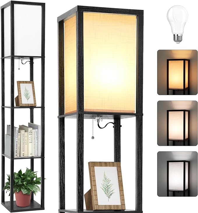 Shelf Floor Lamp, Shelves Floor Lamp for Living Room Bedroom, 4-Tier Modern Shelf Floor Lamp with 3CCT LED Blub(Black) - LeafyLoom