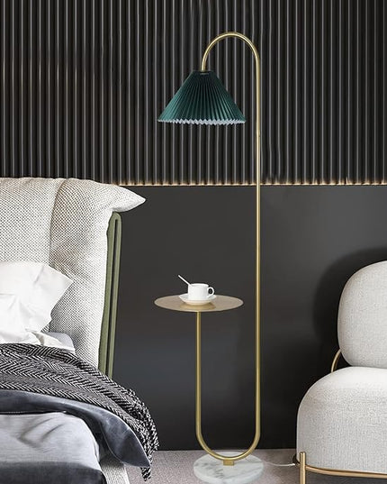 Modern Elegant with Tray Floor Lamp for Office Cafe Den Living Room Bedroom, Foot Switch and Brass/Gold Finish,Dark Green Pleated Cloth Lampshade - LeafyLoom