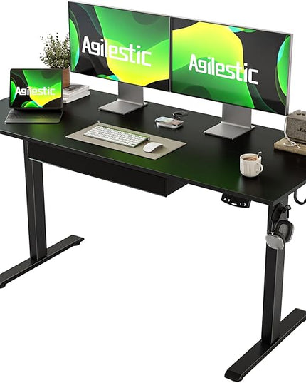 Adjustable Height Electric Standing Desk with Storage Wooden Drawer, 55 x 24 Inches Stand Up Home Office Computer Gaming Table with Splice Board for Work Office Home, Black - LeafyLoom