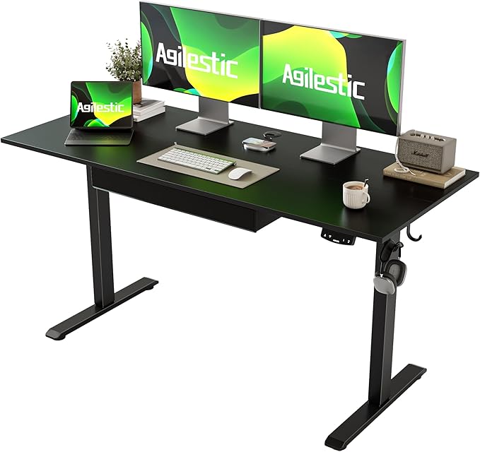 Adjustable Height Electric Standing Desk with Storage Wooden Drawer, 55 x 24 Inches Stand Up Home Office Computer Gaming Table with Splice Board for Work Office Home, Black - LeafyLoom