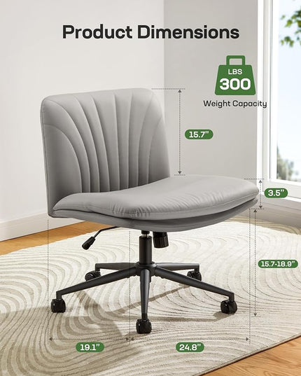 Marsail Armless-Office Desk Chair with Wheels: PU Leather Cross Legged Wide Chair,Comfortable Adjustable Swivel Computer Task Chairs for Home,Office,Make Up,Small Space,Bed Room, Grey - LeafyLoom
