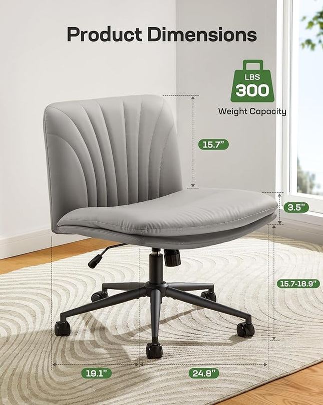 Marsail Armless-Office Desk Chair with Wheels: PU Leather Cross Legged Wide Chair,Comfortable Adjustable Swivel Computer Task Chairs for Home,Office,Make Up,Small Space,Bed Room, Grey - LeafyLoom