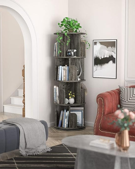 Aheaplus Rotating Bookshelf, 360 Display Corner Bookshelf for Small Space, 4 Tier Floor Standing Bookcase Storage Rack, Wood Narrow Book Shelf Organizer for Bedroom, Living Room, Study Room, Grey Oak - LeafyLoom