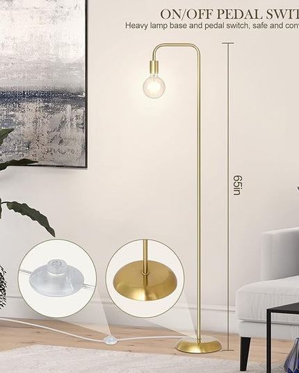 QiMH Industrial Floor Lamp with Light Bulb, Metal Standing Tall Modern Brushed Gold Led Living Room Lamp for Home Decor,Bedroom,Reading,Office(E26 Socket,Foot Switch) - LeafyLoom