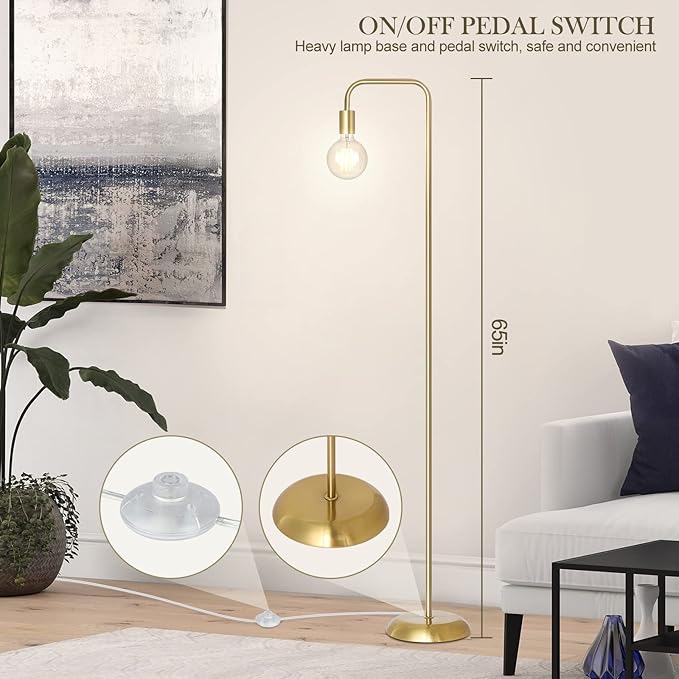 QiMH Industrial Floor Lamp with Light Bulb, Metal Standing Tall Modern Brushed Gold Led Living Room Lamp for Home Decor,Bedroom,Reading,Office(E26 Socket,Foot Switch) - LeafyLoom