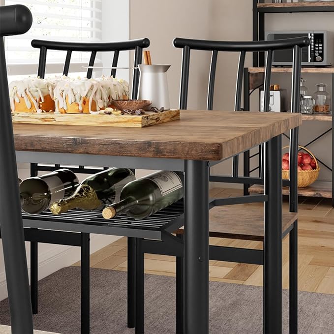 IDEALHOUSE Dining Table Set for 4, Kitchen Table and Chairs for 4 with Wine Rack, Sturdy Rectangular Kitchen Table Set, Dining Room Table Set for Small Space, Apartment, Dinner, Retro Brown - LeafyLoom