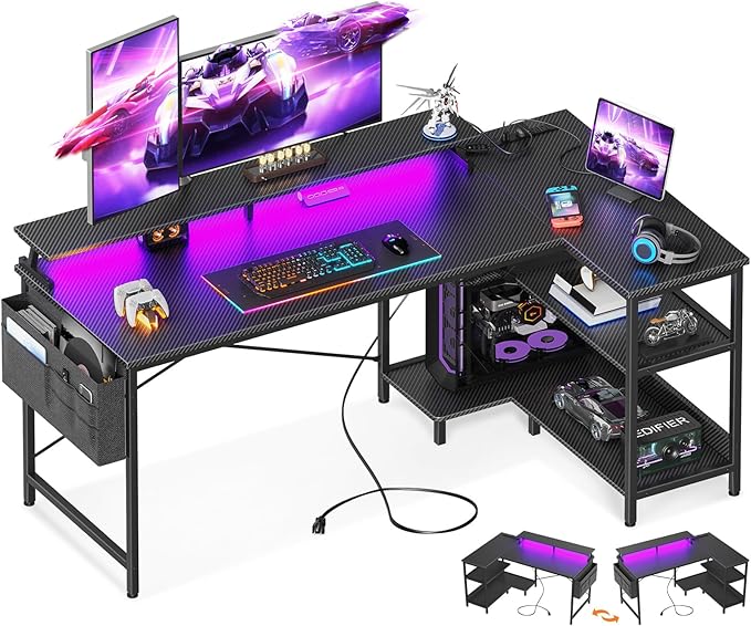 ODK 58 Inch Gaming Desk with USB Charging Ports and LED Lights, Reversible L Shaped Computer Desk with Storage Shelves & Monitor Stand, Corner Gamer Desk Table with Power Outlets, Carbon Fiber Black - LeafyLoom