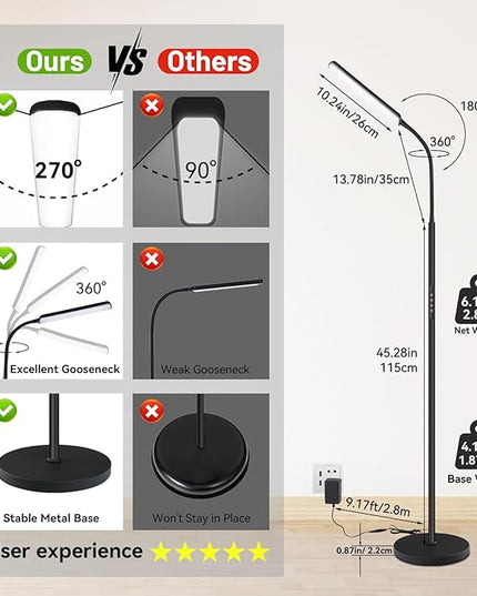 Dimunt LED Floor Lamp, 15W Super Bright RGB Corner Lamp, 3000K-6500K 4 Color Temps Dimmable Floor Lamp, Remote & Touch Control, 1 Hour Timer, Adjustable Gooseneck Standing Lamp for Living Room Home - LeafyLoom