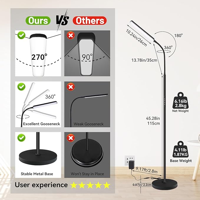 Dimunt LED Floor Lamp, 15W Super Bright RGB Corner Lamp, 3000K-6500K 4 Color Temps Dimmable Floor Lamp, Remote & Touch Control, 1 Hour Timer, Adjustable Gooseneck Standing Lamp for Living Room Home - LeafyLoom