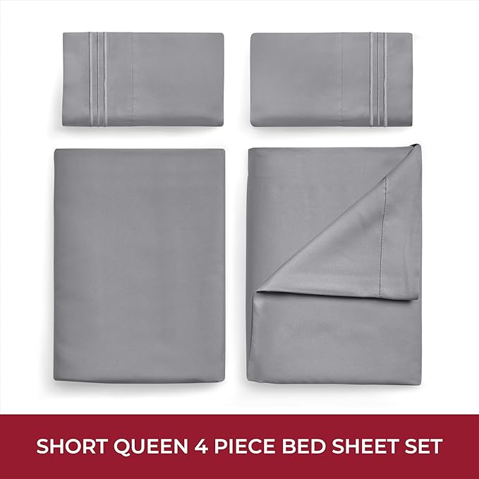 Mellanni RV Short Queen Sheets - 4 PC Iconic Collection Bedding Sheets & Pillowcases - Hotel Luxury, Extra Soft, Cooling Bed Sheets - Deep Pocket up to 10 inch (RV/Short Queen, Gray) - LeafyLoom