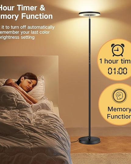 OUTON LED Torchiere Floor Lamp, Super Bright Dimmable Tall Standing Lamp with Remote Touch Control, 4 Color Temperatures, 1-Hour Timer for Living Room, Bedroom, Office (Classic Black) - LeafyLoom