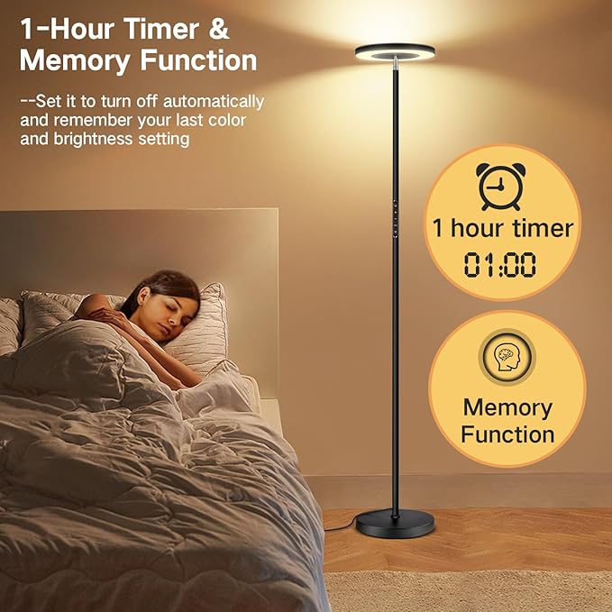 OUTON LED Torchiere Floor Lamp, Super Bright Dimmable Tall Standing Lamp with Remote Touch Control, 4 Color Temperatures, 1-Hour Timer for Living Room, Bedroom, Office (Classic Black) - LeafyLoom