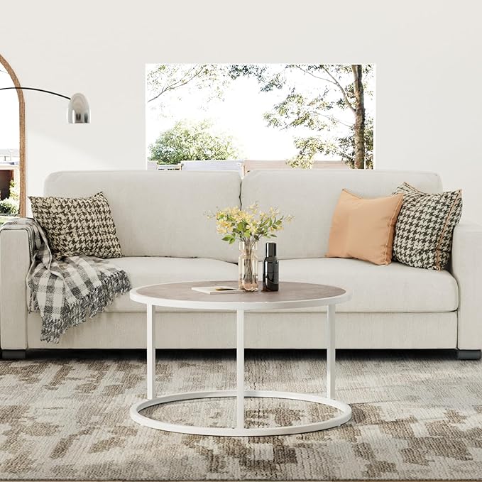 SAYGOER Marble Coffee Table Small Round Center Table Simple Modern Boho for Living Room Home Office, 27.6 * 27.6 * 17.7, Easy Assembly, Cream White Faux Marble - LeafyLoom