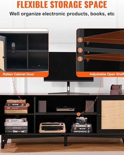 VEVOR Rattan TV Stand for 75in TV, Boho TV Stand with Rattan Door, Entertainment Center with Build-in Socket, Storage Cabinet with 2 Shelves, Modern TV Console for Living Room, Media Room, Black - LeafyLoom