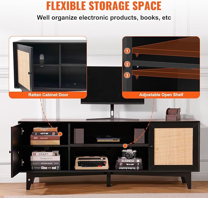 VEVOR Rattan TV Stand for 75in TV, Boho TV Stand with Rattan Door, Entertainment Center with Build-in Socket, Storage Cabinet with 2 Shelves, Modern TV Console for Living Room, Media Room, Black - LeafyLoom