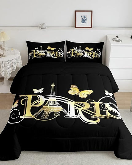 Eiffel Tower Comforter Chic Paris Theme Bedding Set for Kids Boys Girls Butterfly Paris Cityscape Printed Comforter Set Modern French Style Duvet Set Golden Black Bedroom Decor Quilt Set Queen Size - LeafyLoom