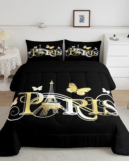 Eiffel Tower Comforter Chic Paris Theme Bedding Set for Kids Boys Girls Butterfly Paris Cityscape Printed Comforter Set Modern French Style Duvet Set Golden Black Bedroom Decor Quilt Set Full Size - LeafyLoom