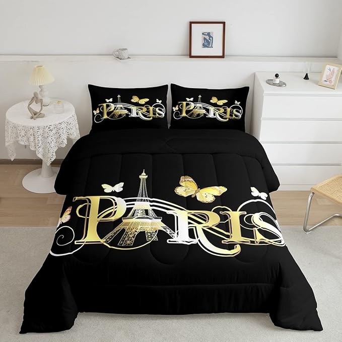 Eiffel Tower Comforter Chic Paris Theme Bedding Set for Kids Boys Girls Butterfly Paris Cityscape Printed Comforter Set Modern French Style Duvet Set Golden Black Bedroom Decor Quilt Set Full Size - LeafyLoom