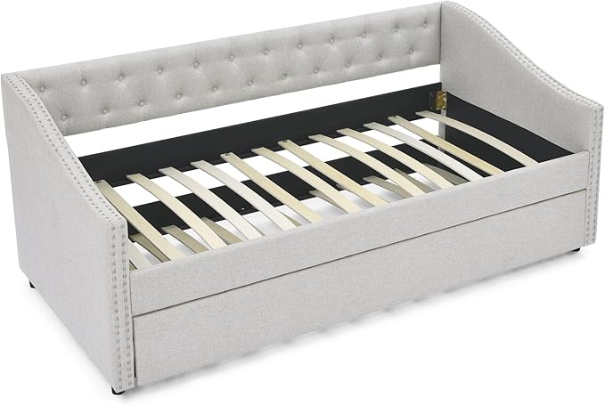 Size Upholstered Daybed with Twin Trundle, Solid Wooden Bed Frame w/Button Tufted Backrest and Copper Nail on Waved Shape Arms, No Spring Box Need, for Living Room, Bedroom, Dorm, Beige - LeafyLoom