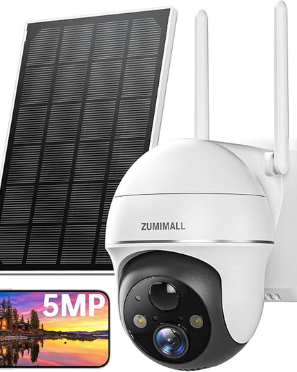ZUMIMALL 5MP Security Cameras Wireless Outdoor, Solar Security Camera Outdoor with 360° PTZ, Battery Powered Camera for Home Security Outside, Color Night Vision/2.4G WiFi/2-Way Talk/IP66/AI Detection ZUMIMALL