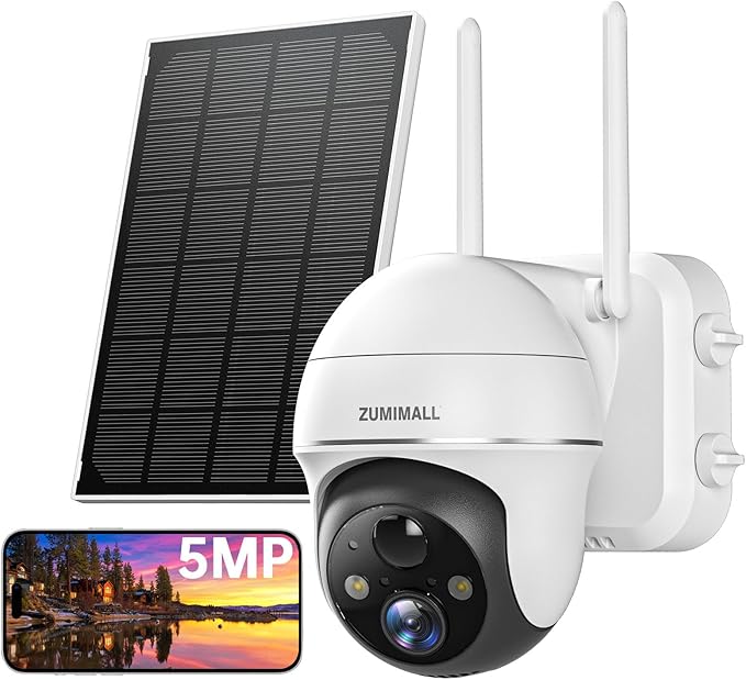 ZUMIMALL 5MP Security Cameras Wireless Outdoor, Solar Security Camera Outdoor with 360° PTZ, Battery Powered Camera for Home Security Outside, Color Night Vision/2.4G WiFi/2-Way Talk/IP66/AI Detection ZUMIMALL
