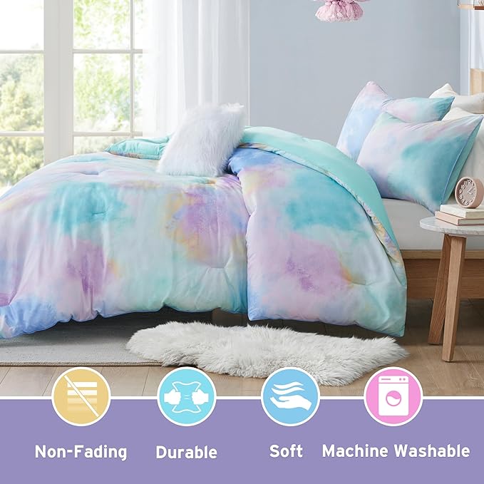 Intelligent Design Queen/Full Size Comforter Set, Watercolor Queen Bedding Sets, Tie Dye Comforter Set for Teen Girl & Boys, 4 Pieces Cassiopeia Comforter, Sham, Throw Pillow Full/Queen Pink/Blue - LeafyLoom