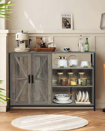 WEENFON Floor Storage Cabinet, Buffet Storage Cabinet with 2 Barn Doors, Industrial Sideboard with Adjustable Shelves, Buffet Table for Dining Room, Living Room, Kitchen, Rustic Oak - LeafyLoom