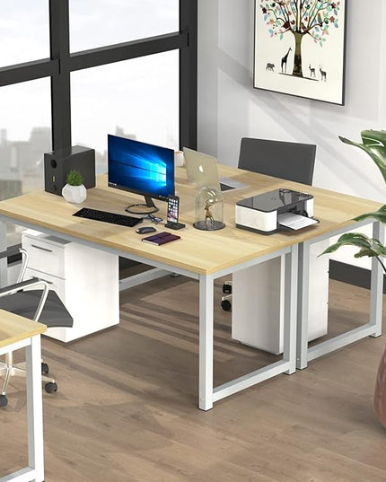 NSdirect 63" Computer Desk,Large Home Office Desk Wide Workstation 1 inch Thicker Tabletop for Writing,Games and Home Work PC Desk Modern Finish Wood Board and Sturdy Steel Legs,Oak+White - LeafyLoom