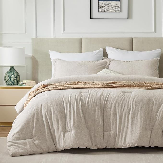 CozyLux Full Size Comforter Set - 3 Pieces Beige Soft Luxury Cationic Dyeing Bedding Comforter for All Season, Breathable Lightweight Fluffy Boho Bed Sets with 1 Comforter and 2 Pillow Shams - LeafyLoom