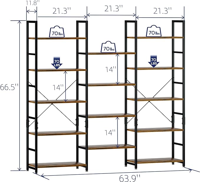 NUMENN Triple Wide 5 Tier Bookshelf, Rustic Industrial Style Bookcases with 14 Open Display Shelves, Modern Tall Bookcase Furniture for Bedroom, Living Room and Home Office, Vintage - LeafyLoom