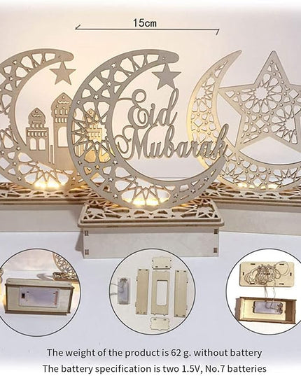 Wooden Eid Crafts Night Light Islamic Palace LED Moon Tabletop Lights Decor Eid Mubarak DIY Muslim Lighting 3D Ramadan Mubarak Lamp Decorations for Home Party Supplies (7.48*5.9*2.36inch, B) - LeafyLoom