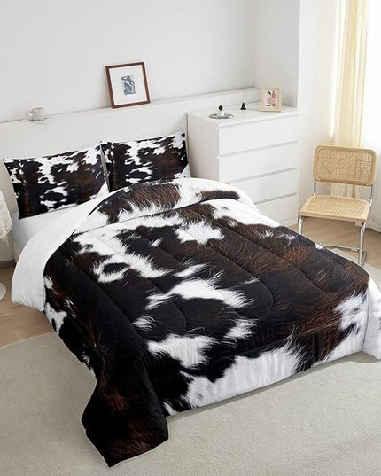 Brown Cowhide Comforter Set King,Black White Aztec Cow Print Bedding Set Western Farmhouse Animal Fur Down Comforter for Kids Boys Girls,Rustic Cowboy Quilt Duvet Set 2 Pillow Cases Bedroom Decor - LeafyLoom