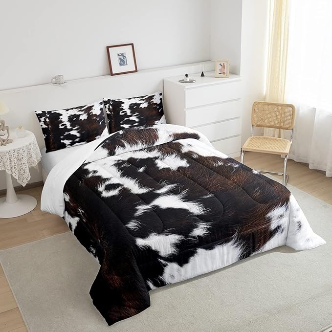 Brown Cowhide Comforter Set King,Black White Aztec Cow Print Bedding Set Western Farmhouse Animal Fur Down Comforter for Kids Boys Girls,Rustic Cowboy Quilt Duvet Set 2 Pillow Cases Bedroom Decor - LeafyLoom