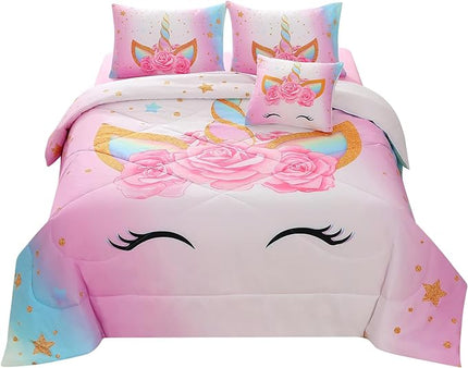 JQinHome Unicorn Full Bedding Sets for Girls Kids,6 Piece Bed in A Bag 3D Colorful Flower Girl Unicorn Comforter Set (1 Comforter,2 Pillowcases,1 Flat Sheet,1 Fitted Sheet,1 Cushion Cover) - LeafyLoom