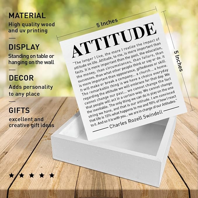 Home Office Desk Wooden Box Sign Decor, We Are in Charge of Our Attitudes, Inspirational Book Quotes Desk Decor Motivational Desk Decorations for Women Men Student Office Classroom School - LeafyLoom